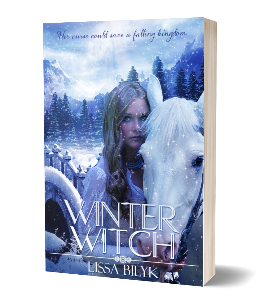 book cover of winter witch by lissa bilyk, a blonde girl with a white horse looks at the camera, behind them the landscape is snowy