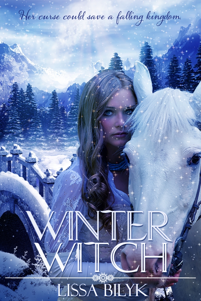 book cover of winter witch by lissa bilyk, a blonde girl with a white horse looks at the camera, behind them the landscape is snowy